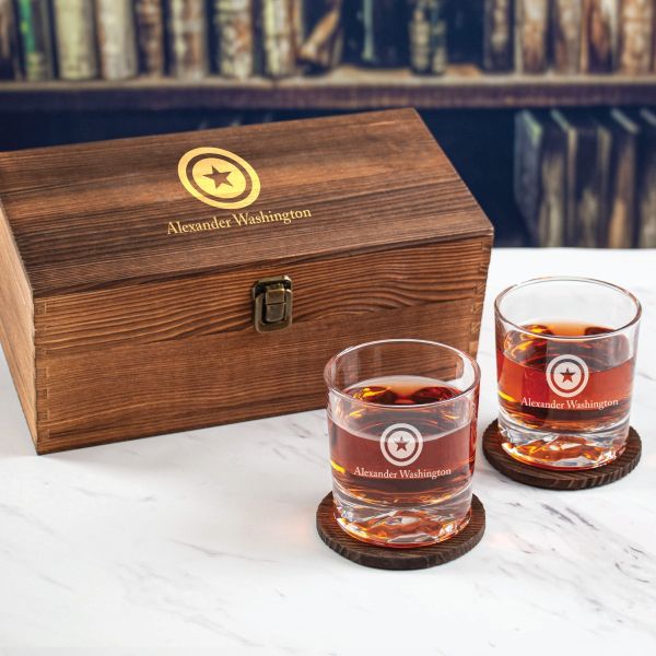 Custom Engraved Captain America's Shield - Personalized Whiskey Glasses In Wood Gift Box