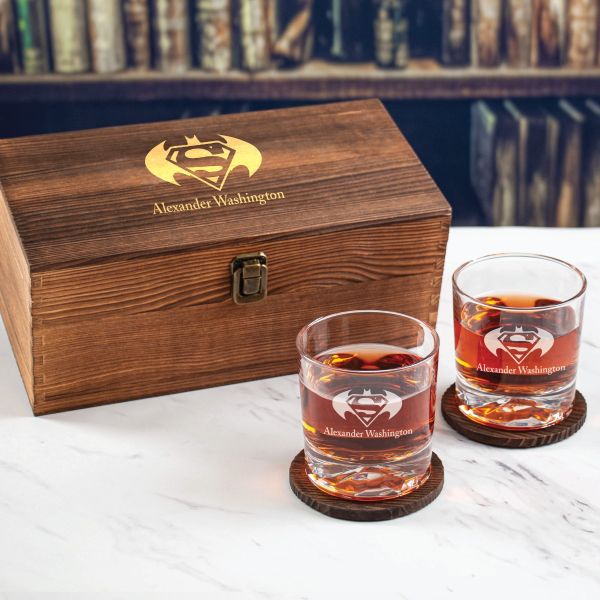 Custom Engraved Batman and Superman - Personalized Whiskey Glasses In Wood Gift Box