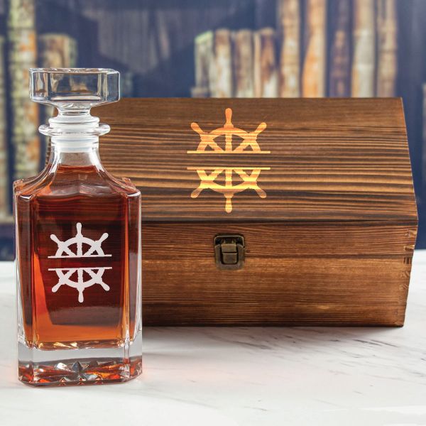 Custom Engraved Sail Wheel - Personalized Whiskey Decanter In Wood Gift Box