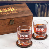 Custom Engraved USMC Semper Fidelis - Personalized Whiskey Glasses In Wood Gift Box