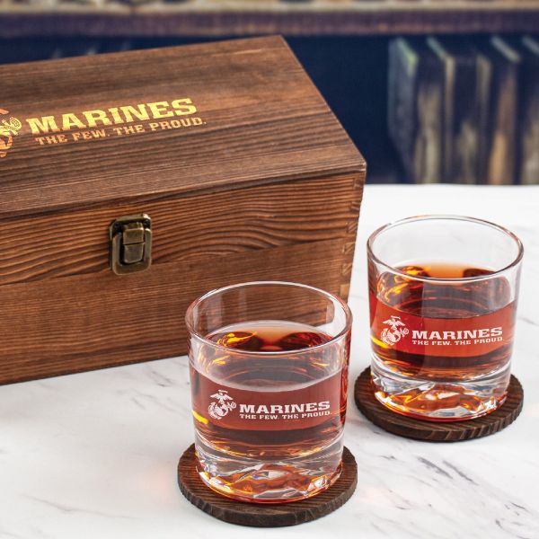 Custom Engraved Marines The Few The Proud - Personalized Whiskey Glasses In Wood Gift Box