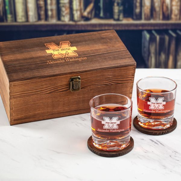 Custom Engraved Marshall Thundering Herd - Personalized Whiskey Glasses In Wood Gift Box