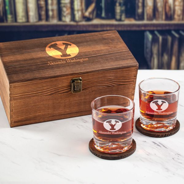 Custom Engraved Y Initial Brigham Young Cougars - Personalized Whiskey Glasses In Wood Gift Box