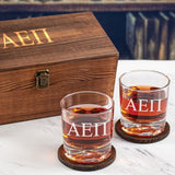 Custom Engraved Alpha Epsilon Pi - Personalized Whiskey Glasses In Wood Gift Box