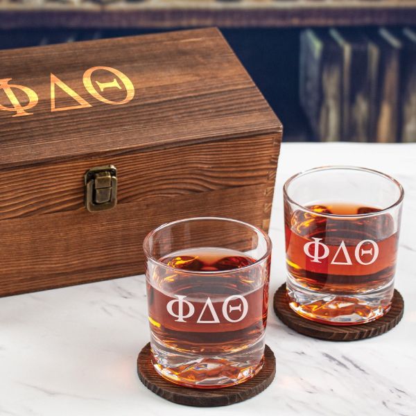 Custom Engraved Phi Delta Theta - Personalized Whiskey Glasses In Wood Gift Box