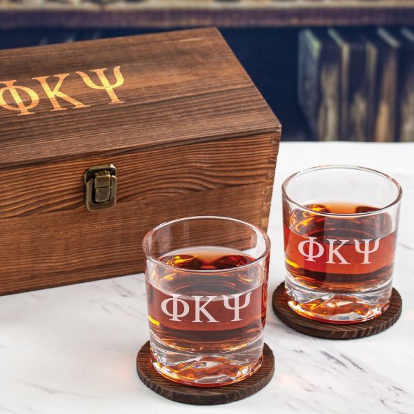 Custom Engraved Phi Kappa Psi - Personalized Whiskey Glasses In Wood Gift Box
