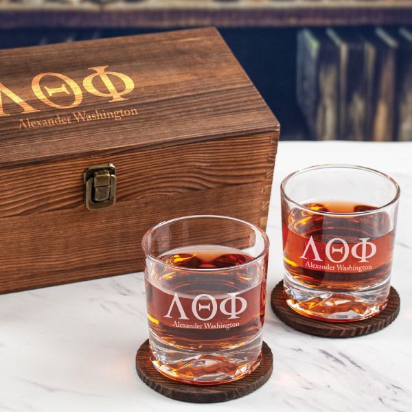 Custom Engraved Lambda Theta Phi - Personalized Whiskey Glasses In Wood Gift Box