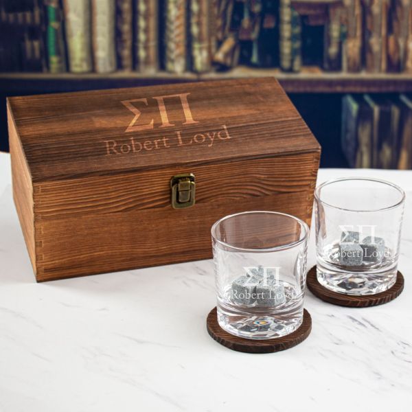 Custom Engraved Sigma Pi - Personalized Whiskey Glasses In Wood Gift Box