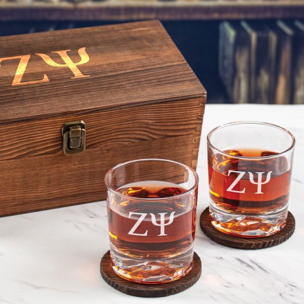 Custom Engraved Zeta Psi - Personalized Whiskey Glasses In Wood Gift Box