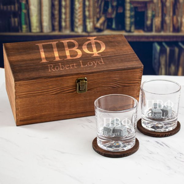 Custom Engraved Pi Beta Phi - Personalized Whiskey Glasses In Wood Gift Box