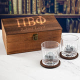 Custom Engraved Pi Beta Phi - Personalized Whiskey Glasses In Wood Gift Box