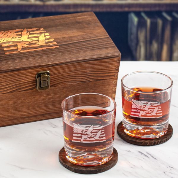 Custom Engraved Goose with USA Flag - Personalized Whiskey Glasses In Wood Gift Box