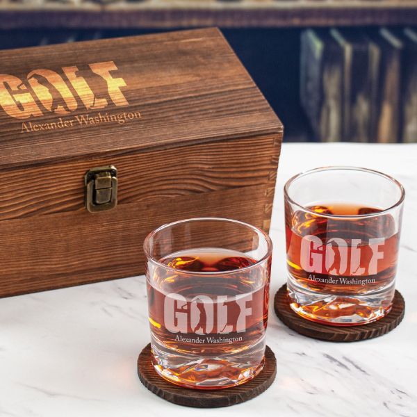 Custom Engraved Golf Shots - Personalized Whiskey Glasses In Wood Gift Box