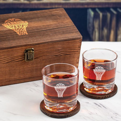 Custom Engraved Warriors Basketball Net - Basketball Fanatic Gift Ideas - Personalized Whiskey Glasses In Wood Gift Box