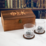 Custom Engraved Phi Sigma Kappa - Personalized Whiskey Glasses In Wood Gift Box