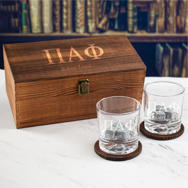 Custom Engraved Pi Alpha Phi - Personalized Whiskey Glasses In Wood Gift Box