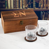 Custom Engraved Sigma Nu - Personalized Whiskey Glasses In Wood Gift Box