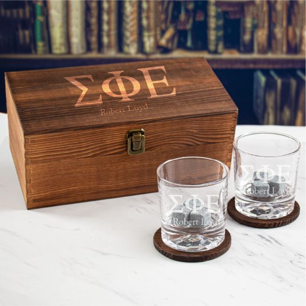 Custom Engraved Sigma Phi Epsilon - Personalized Whiskey Glasses In Wood Gift Box