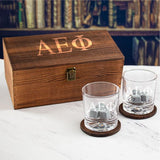 Custom Engraved Alpha Epsilon Phi - Personalized Whiskey Glasses In Wood Gift Box