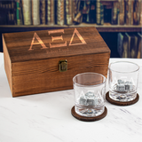 Custom Engraved Alpha Xi Delta - Personalized Whiskey Glasses In Wood Gift Box