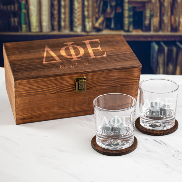 Custom Engraved Delta Phi Epsilon - Personalized Whiskey Glasses In Wood Gift Box