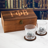 Custom Engraved Gamma Phi Beta - Personalized Whiskey Glasses In Wood Gift Box