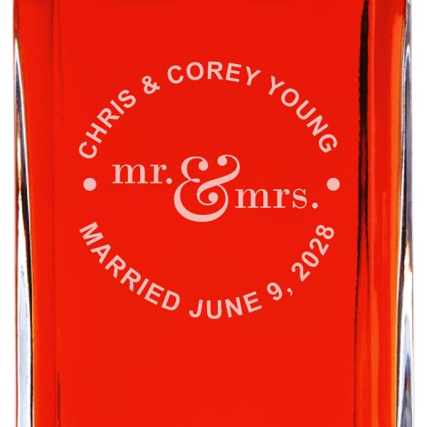 Custom Engraved Mr. & Mrs. Circle Stamp - Personalized Whiskey Decanter In Wood Gift Box