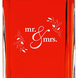 Custom Engraved Mr. & Mrs. Circle Stamp with Leaves - Personalized Whiskey Decanter In Wood Gift Box