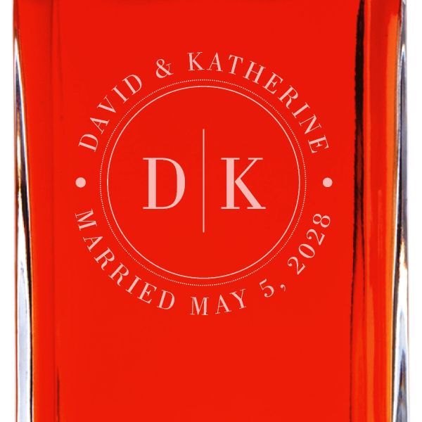 Custom Engraved Classic Initial Circle Stamp - Personalized Whiskey Decanter Set In Wood Gift Box
