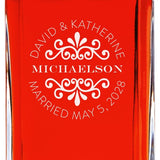 Custom Engraved Flourish Name Stamp - Personalized Whiskey Decanter In Wood Gift Box