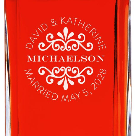 Custom Engraved Flourish Name Stamp - Personalized Whiskey Decanter In Wood Gift Box