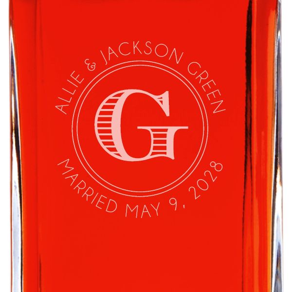 Custom Engraved Initial Circle Stamp - Personalized Whiskey Decanter In Wood Gift Box