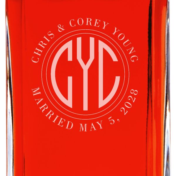 Custom Engraved Monogram Initials Circle Stamp - Personalized Whiskey Decanter In Wood Gift Box
