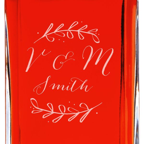 Custom Engraved Laurel Leaf Drawing Initials  - Personalized Whiskey Decanter In Wood Gift Box