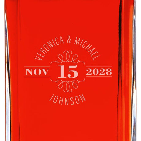 Custom Engraved Deco Names and Date Circle Stamp - Personalized Whiskey Decanter In Wood Gift Box