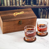 Custom Engraved Cavaliers Logo - Personalized Whiskey Glasses In Wood Gift Box