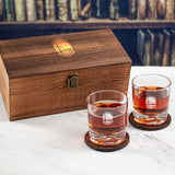 Custom Engraved Golden State Warriors Round Emblem - Personalized Whiskey Glasses In Wood Gift Box