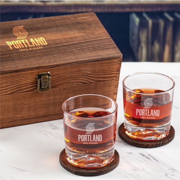 Custom Engraved Portland Trailblazers - Basketball Team Logos - Personalized Whiskey Glasses In Wood Gift Box