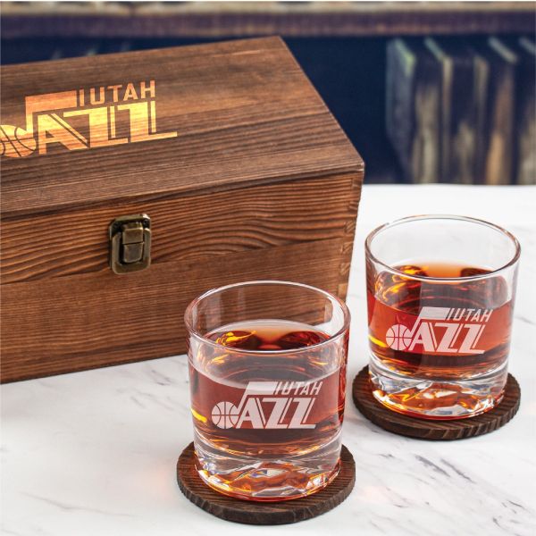 Custom Engraved Utah Jazz - Basketball Team Logos - Personalized Whiskey Glasses In Wood Gift Box