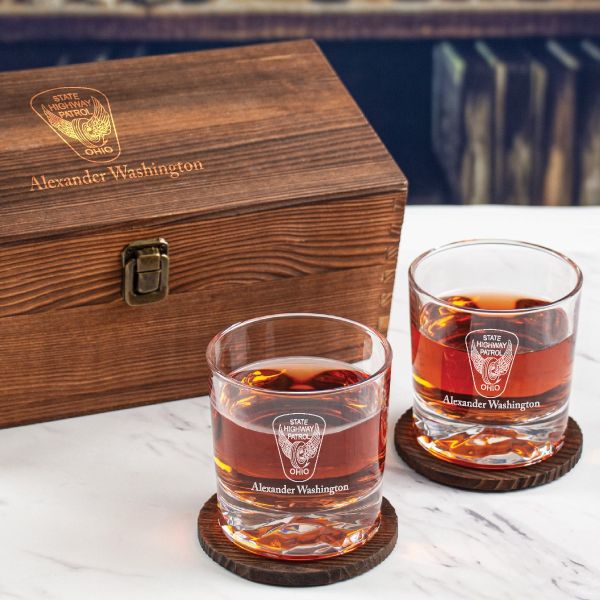 Custom Engraved - Police Badges - Personalized Whiskey Glasses In Wood Gift Box - Ohio State Highway Patrol Patch