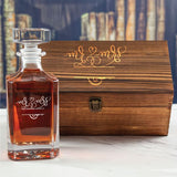 Custom Engraved Fancy Mr & Mrs with Heart - Personalized Whiskey Decanter In Wood Gift Box