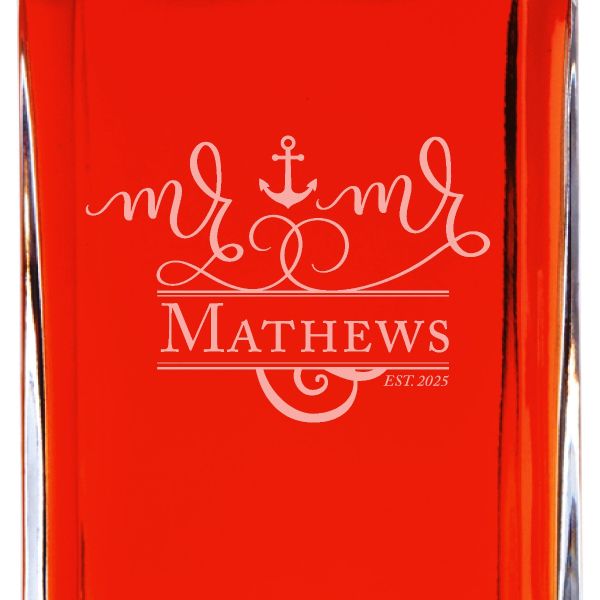 Custom Engraved Anchor Mr & Mrs - Personalized Whiskey Decanter Set In Wood Gift Box