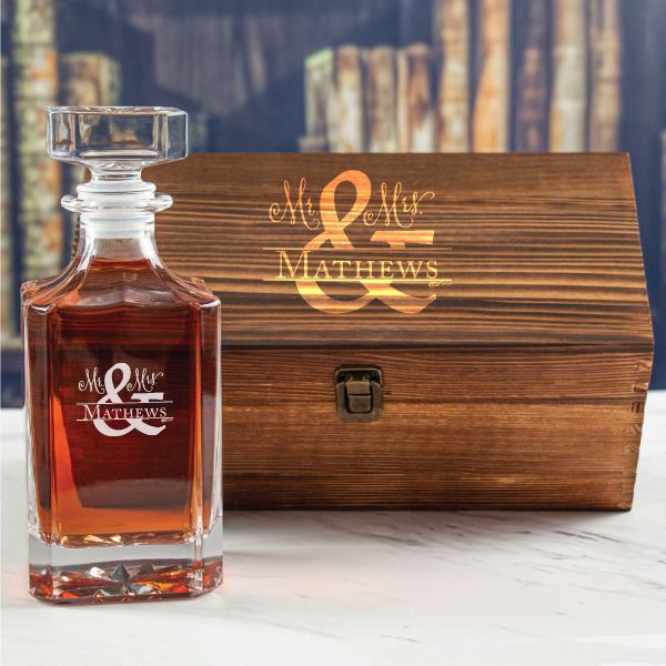 Custom Engraved Ampersand - Mr & Mrs  - Personalized Whiskey Decanter In Wood Gift Box