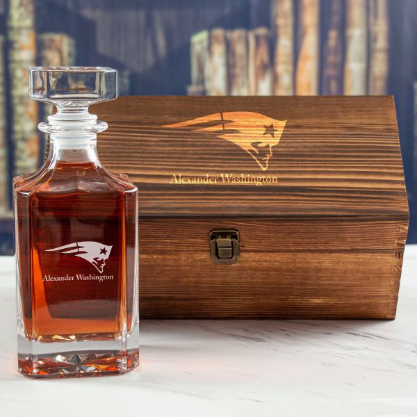 Custom Engraved New England Patriots - Personalized Whiskey Decanter In Wood Gift Box