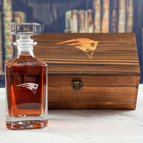 Custom Engraved New England Patriots - Personalized Whiskey Decanter In Wood Gift Box
