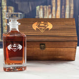 Custom Engraved Batman and Superman - Personalized Whiskey Decanter In Wood Gift Box