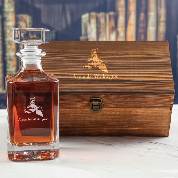 Custom Engraved Batman with Cape - Personalized Whiskey Decanter In Wood Gift Box