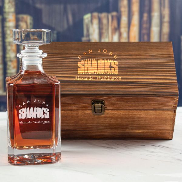 Custom Engraved San Jose Sharks - Personalized Whiskey Decanter In Wood Gift Box