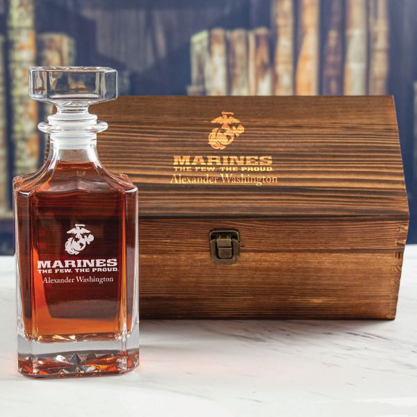 Custom Engraved US Marines - Personalized Whiskey Decanter In Wood Gift Box