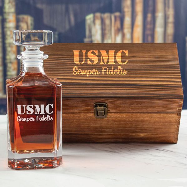 Custom Engraved USMC Semper Fidelis - Personalized Whiskey Decanter In Wood Gift Box
